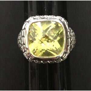Size 8.5 Silvertone Ring 18K Gold Electroplate Green Faceted Square Stone